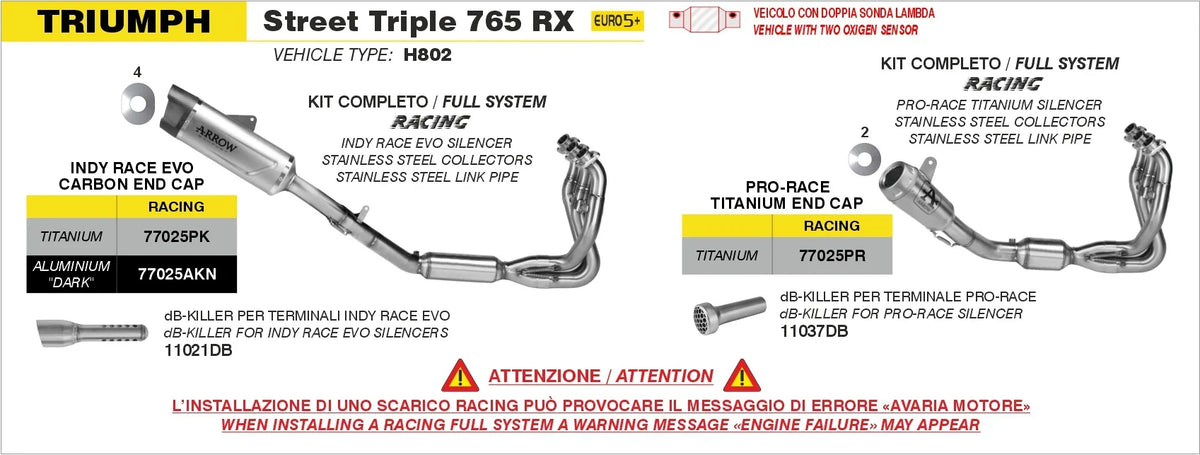 Arrow Triumph Street Triple 765 RX 2026 Full System With Indy Race EVO Titanium Slip Ons 77025PK