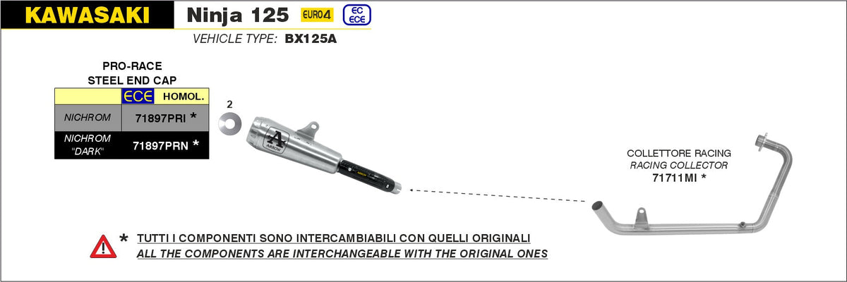 Arrow Kawasaki Ninja 125 2019-2020 / Z 125 19/20 Stainless Steel Racing Collector Without Catalyst For Original And Arrow Silencers 71711mi