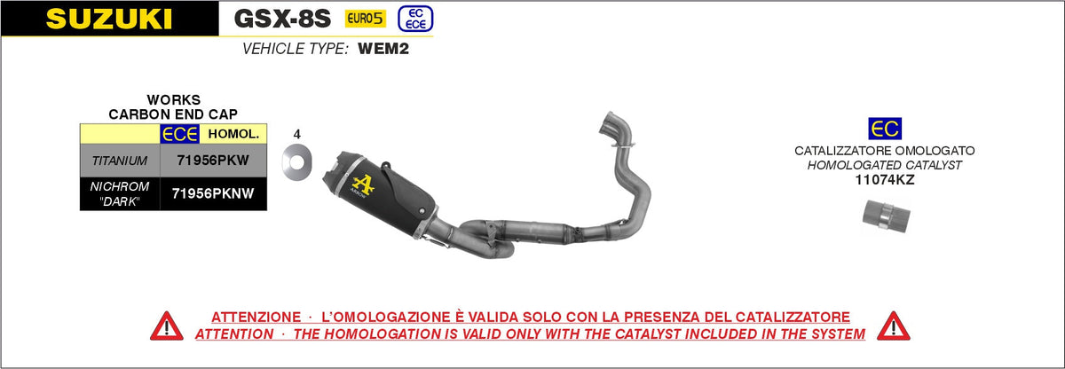 71979PKN Arrow Works HOMOLOGATED NICHROM "DARK" full system with Catalytic converter  SUZUKI GSX-8S /R 2022-2025