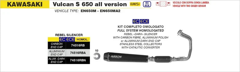 Arrow  Kawasaki Vulcan S 650 E5+ '25 Rebel Nichrom Dark Exhaust - 74516rbat