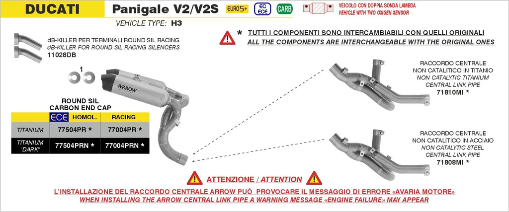 Arrow  Ducati Panigale V2/V2s E5+ 2025 Rh/Lh Round Sil Titanium Silencers + Stainless Steel Link Pipe 77504pr