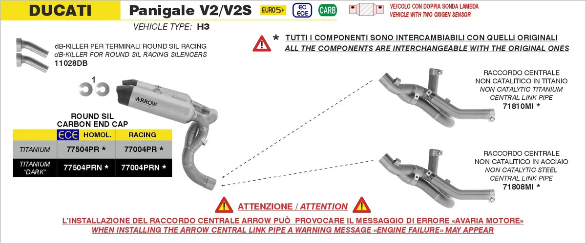 Arrow  Ducati Panigale V2/V2s E5+ 2025 Rh/Lh Round Sil Titanium Dark Silencers + Stainless Steel Link Pipe 77504prn
